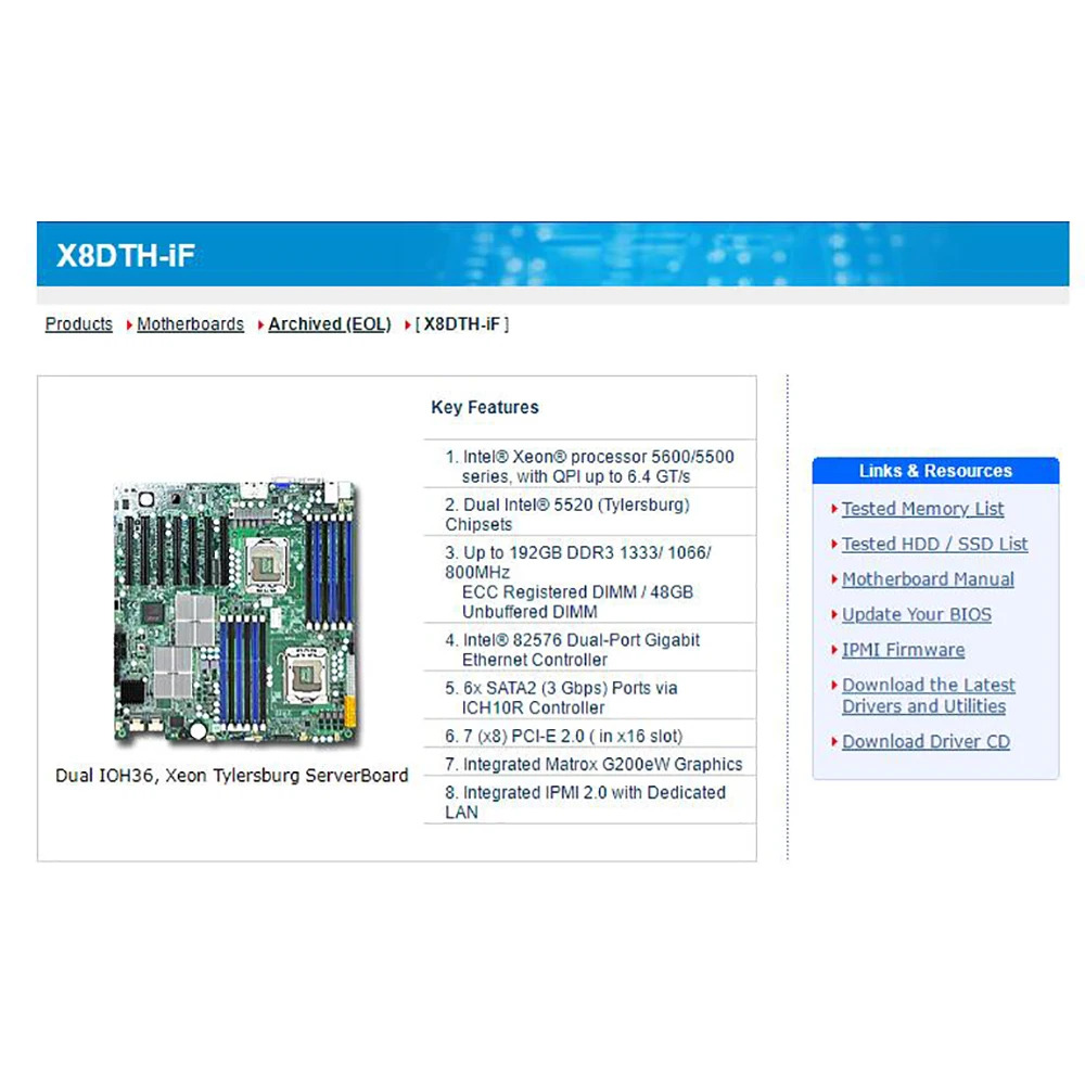 Supermicro 서버 마더보드 Xeon 프로세서 5600/5500 시리즈 DDR3 SATA2 PCI-E 2.0 듀얼 포트 기가비트 이더넷 IPMI X8DTH-IF