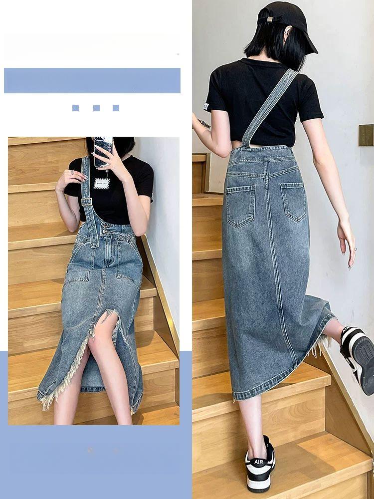 여성 데님롱스커트 생지 빅사이즈청치마 스판 멜빵 진청 논페이드 트임 워싱 - 상세 이미지 3
