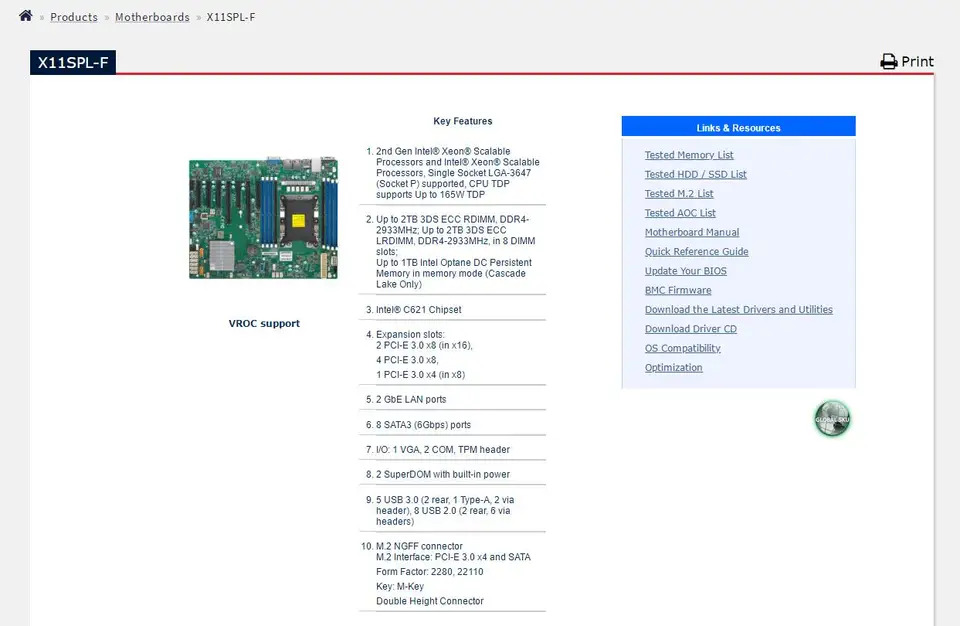 X11SPL-F 산업패키지 마더보드 슈퍼마이크로 단일 채널 LGA3647 기가비트 이더넷 포트 M.2