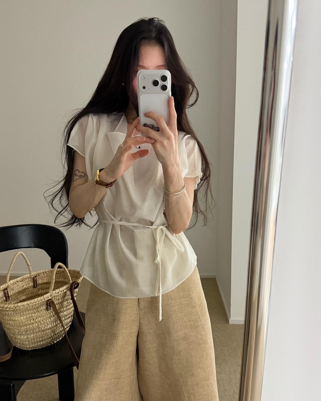 바콘 여성 여름 드레이프 핀턱 벨트 끈 반팔 블라우스 이미지 2
