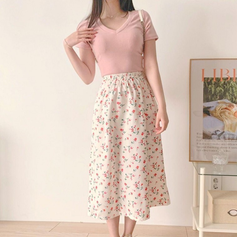 A라인 밴딩 치마 여성 꽃무늬 쉬폰 플레어 롱스커트 플레어스커트 휴양지룩 롱치마 - 상품 이미지