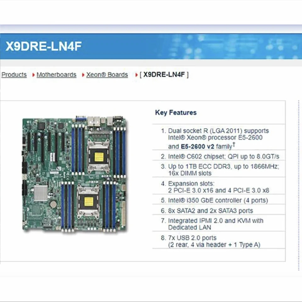 슈퍼마이크로 서버 마더보드 패밀리 ECC LGA2011 DDR3 8x SATA2 2x SATA3 포트 E5-2600 X9DRE-LN4F