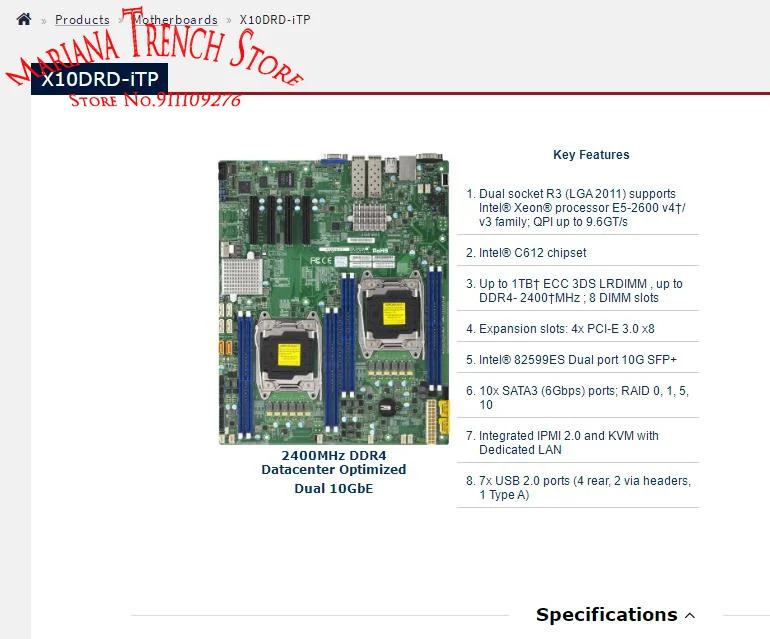 슈퍼마이크로 마더보드X10DRD-iTP LGA2011 E5-2600 v4/v3 패밀리 프로세서 DDR4 듀얼 포트 10G SFP