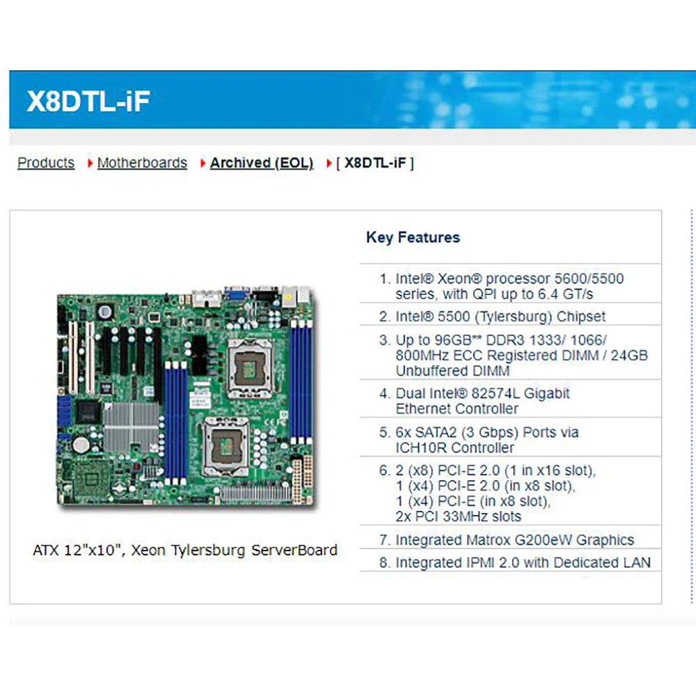 Xeon 프로세서 5600/5500 시리즈 SATA2 PCI-E 2.0 통합 IPMI DDR3 X8DTL-iFSupermicro 서버 마더보드 지원