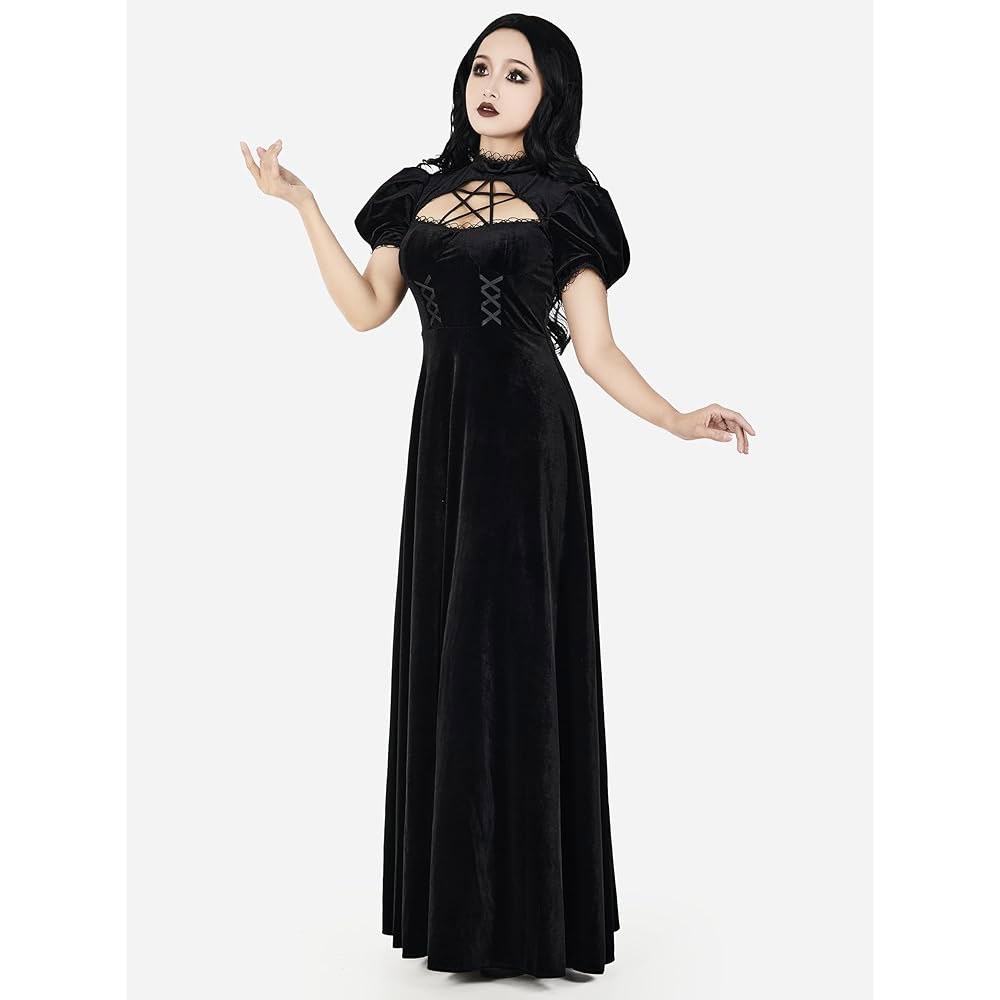 MEOWCOS 여성 고딕 드레스 사악한 마녀 할로윈 거미줄 플레어 슬리브 맥시 Black Medium - 상세 이미지 2