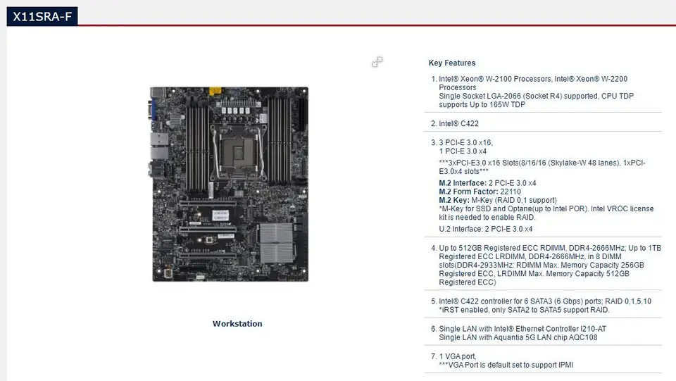 Supermicro 마더보드X11SRA-F Xeon W-2100 W-2200 프로세서 LGA-2066 DDR4 LAN I210-AT / AQC108