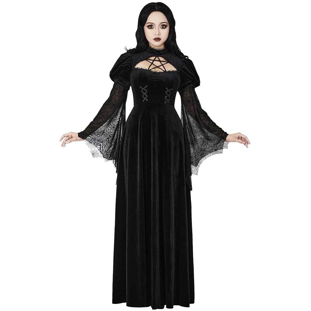 MEOWCOS 여성 고딕 드레스 사악한 마녀 할로윈 거미줄 플레어 슬리브 맥시 Black Medium - 상품 이미지