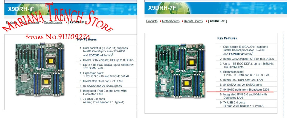 슈퍼마이크로 마더보드X9DRH-iF LGA2011 제온 E5-2600 V1/V2 패밀리 ECC DDR3 1 PCI-E 3.0x16 6 3.0x8