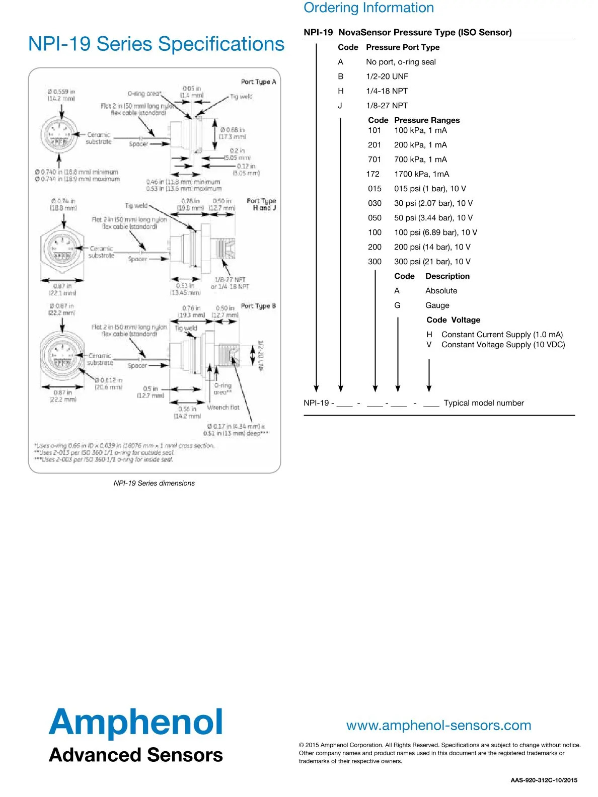 NPI-19A-CZ101GH 암페놀 압력센서