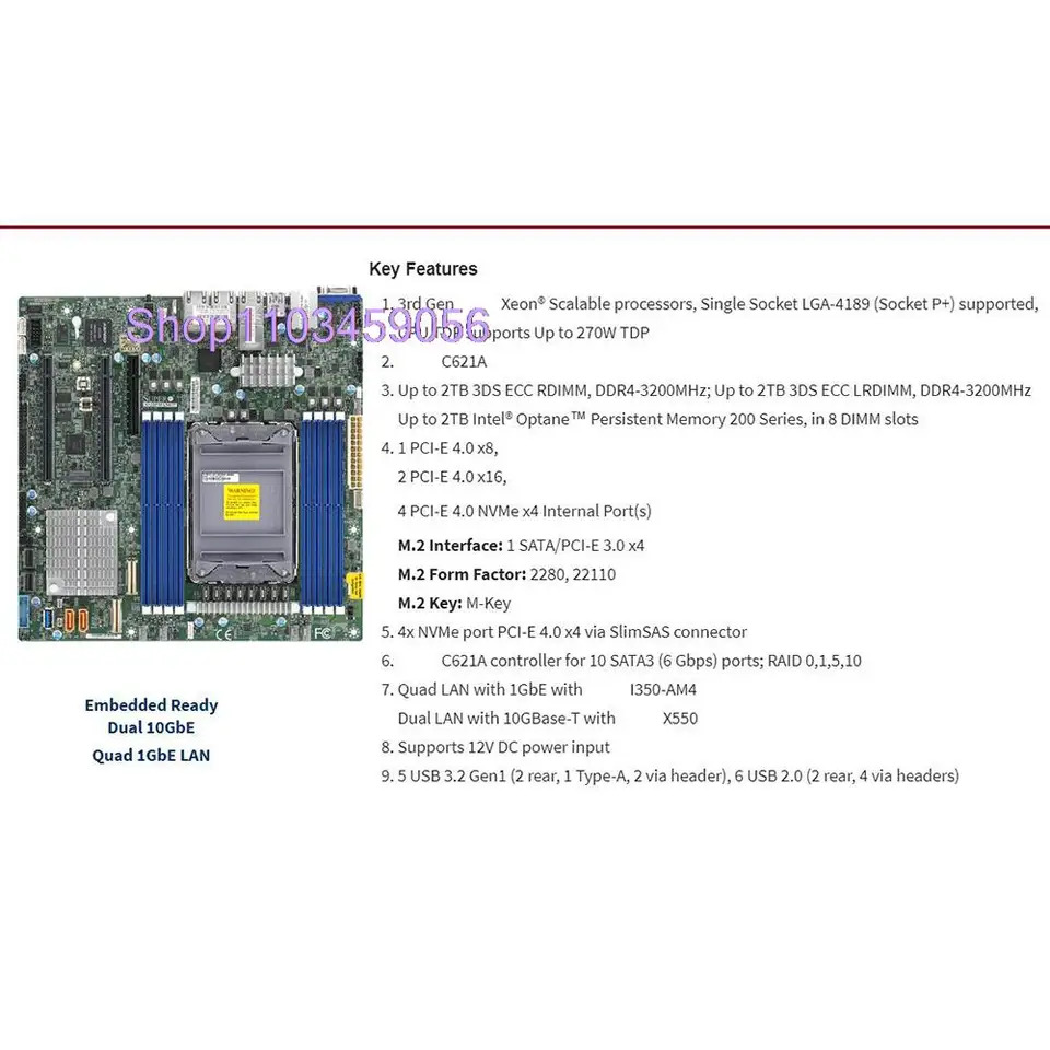 DDR4-3200MHz 서버 마더보드 X12SPM-LN6TF Supermicro LGA-4189 C621A M- 10XSATA 3