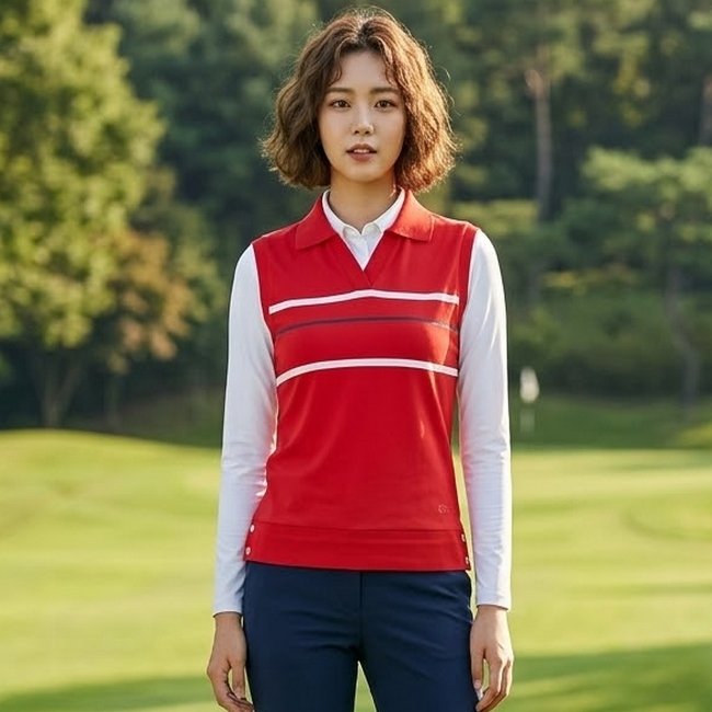 핑 골프 여성 봄 라인 컬러배색 필드 골프룩 카라 니트 베스트 조끼 - 상품 이미지