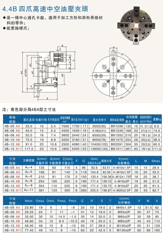 SWACHUAW 4 턱 유압 척 4B-05 4B-06 4B-08 4B-10 4B-12 4B-15