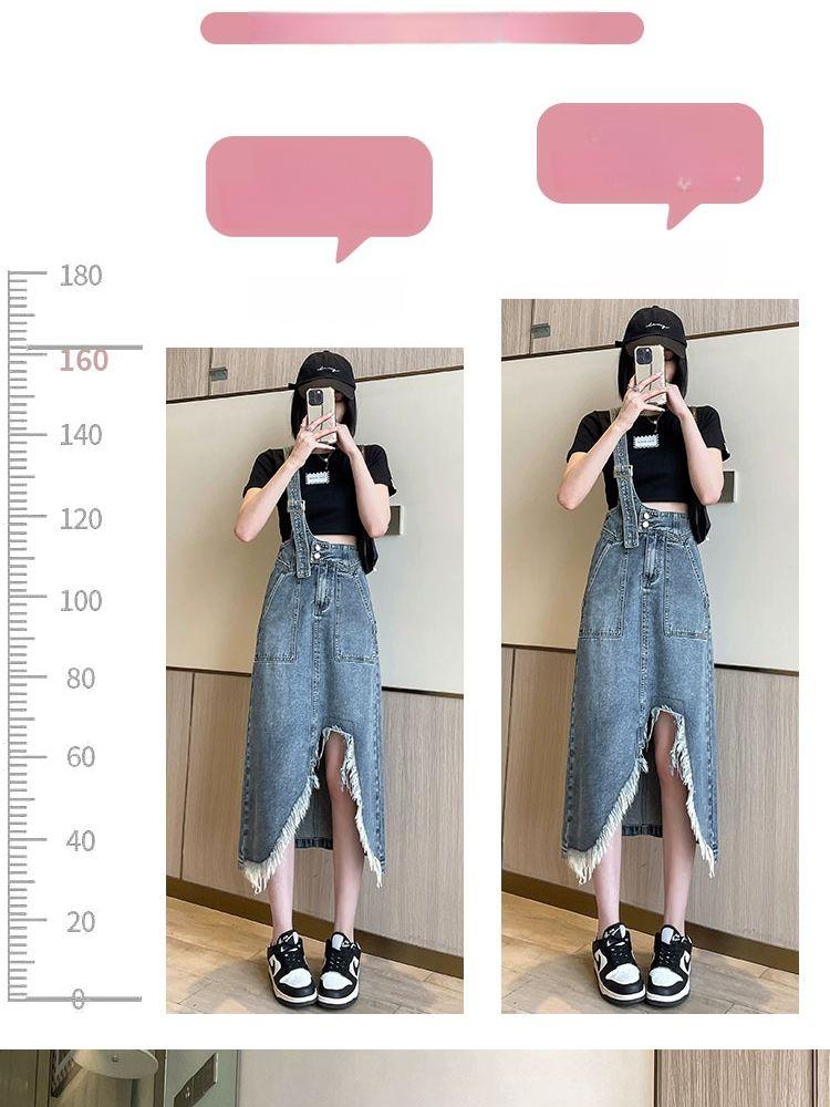 여성 데님롱스커트 생지 빅사이즈청치마 스판 멜빵 진청 논페이드 트임 워싱 - 상세 이미지 5