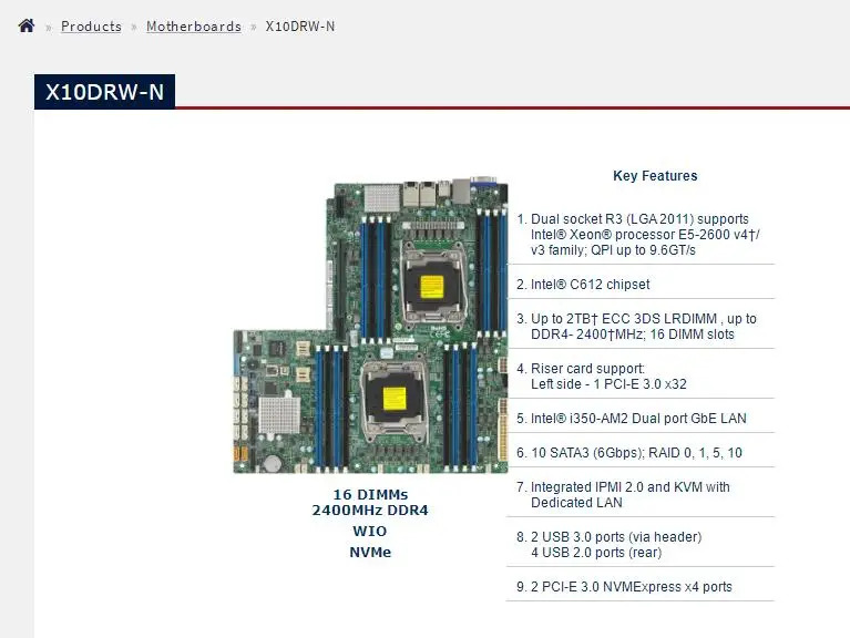 슈퍼마이크로 마더보드X10DRW-N LGA 2011 제온 프로세서 E5-2600 v4/v3 패밀리 i350-AM2 듀얼 포트 GbE LAN