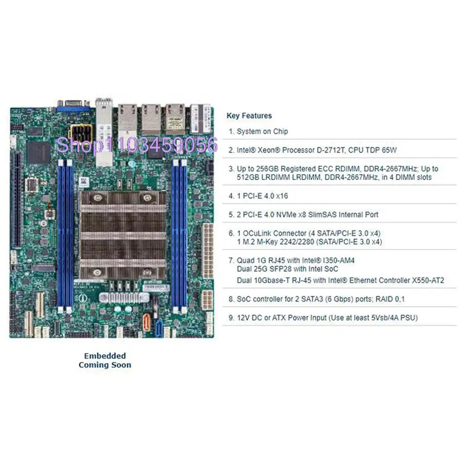 M- 슈퍼마이크로 마더보드 X12SDV-4C-SPT8F DDR4 2 x SATA3 제온 프로세서 D-2712T 신