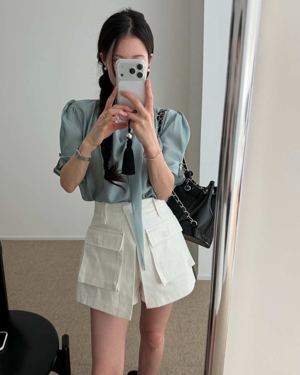 레칸 여성 여름 스카프 셔링 퍼프 핀턱 타이 반팔 블라우스 이미지 2