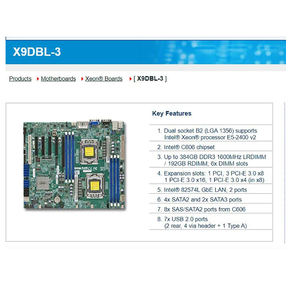 Supermicro 서버 마더보드 Xeon 프로세서 E5-2400 v2 LGA1356 DDR3 8x SAS/SATA2 포트C606 X9DBL-3에서