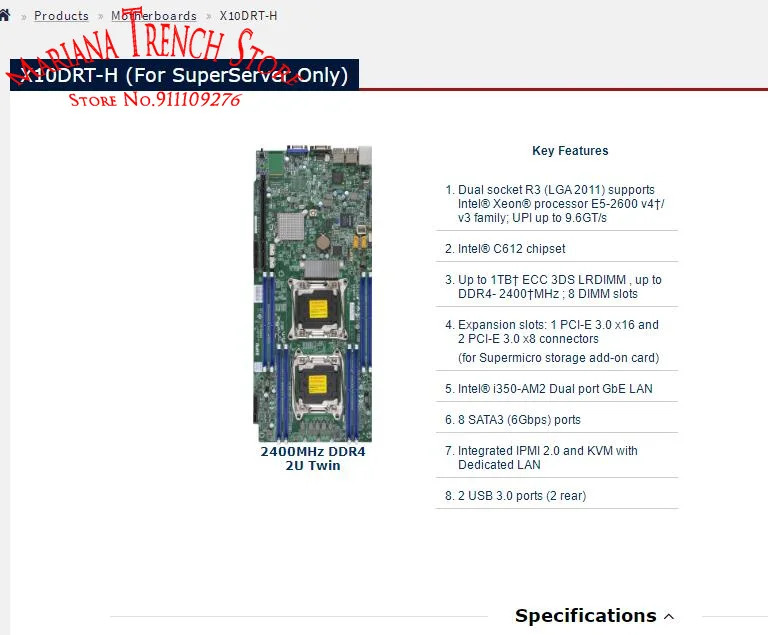 Supermicro 2U 듀얼 소켓 R3 LGA2011 마더보드 E5-2600 v4/v3 군X10DRT-H DDR4 i350-AM2 포트 GbE LAN