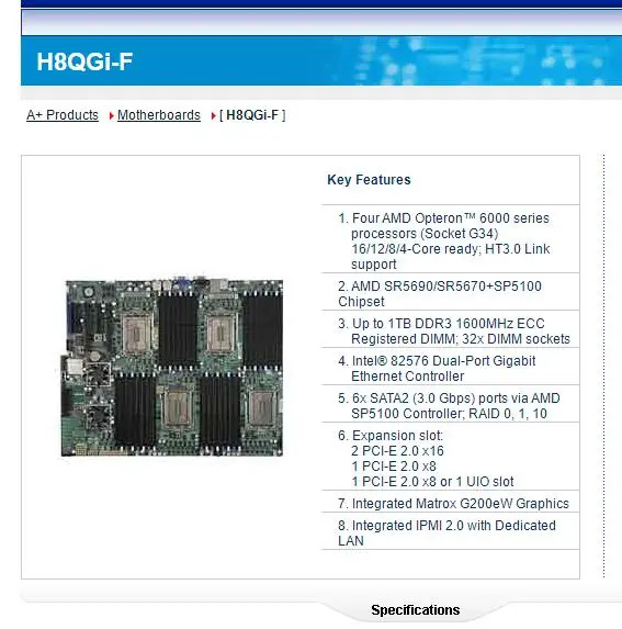 슈퍼마이크로 마더보드H8QGI-F-AI034 듀얼 포트 기가비트 이더넷 컨트롤러 4 옵테론 6000 시리즈 프로세서 82576
