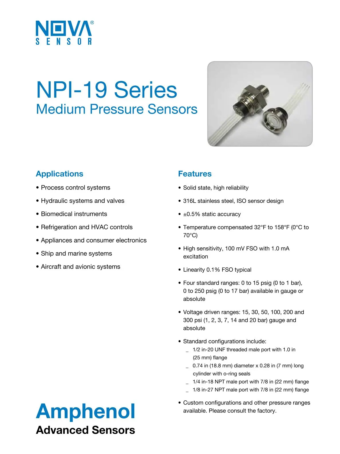 NPI-19A-CZ101GH 암페놀 압력센서