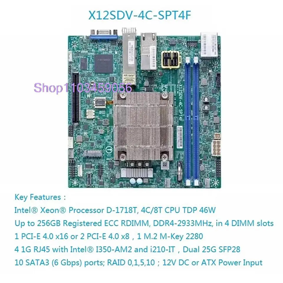 D-1718T 마더보드 X12SDV-4C-SPT4F Supermicro Mini-ITX DDR4 4 x SATA Xeon 프로세서용