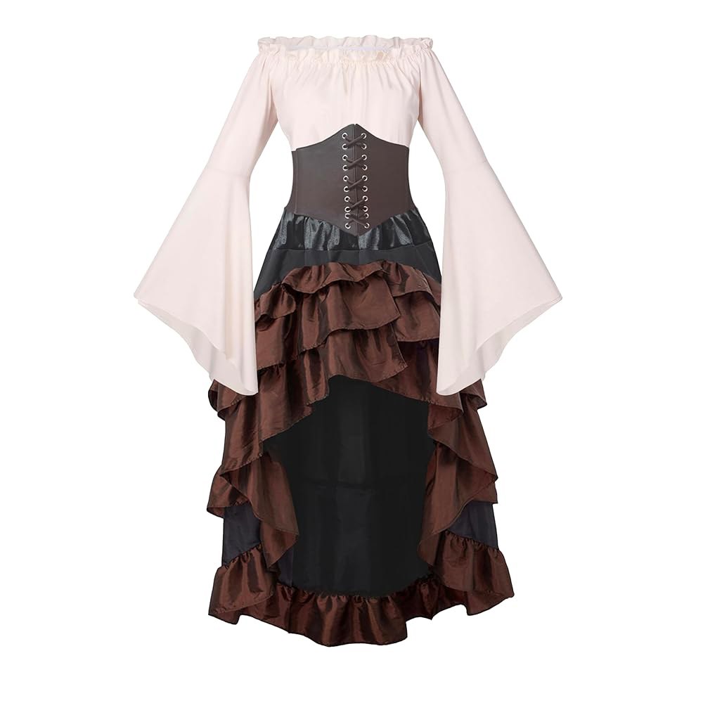 골드스티치 여성 해적 의상 중세 르네상스 셔츠 스커트 코르셋 벨트 할로윈 Brown Large - 상품 이미지