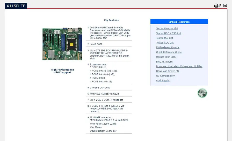 Supermicro 단일 채널 마더보드X11SPi-TF 듀얼 10G 이더넷 포트 C622 칩 M.2 IPMI LGA3647