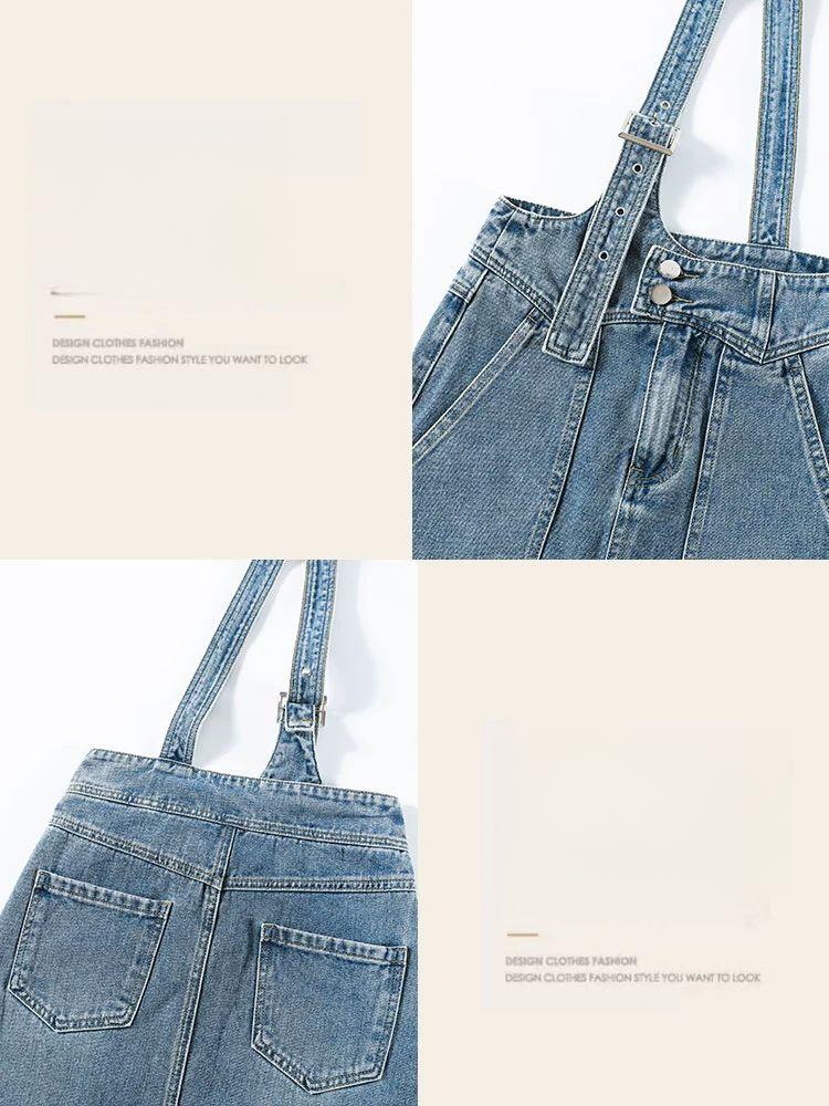 여성 데님롱스커트 생지 빅사이즈청치마 스판 멜빵 진청 논페이드 트임 워싱 - 상세 이미지 2