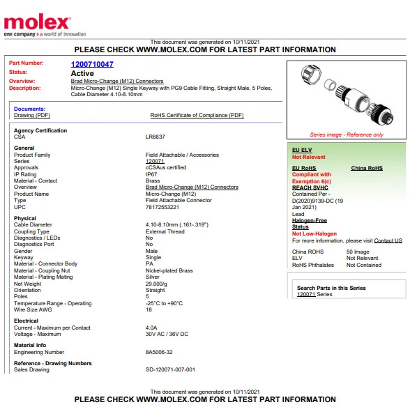 1200710047 8A5006-32 Molex 원형 커넥터는 독창적