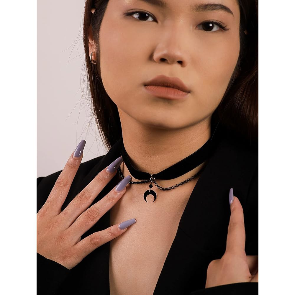 사키나 고딕 고트 블랙 크레센트 문 초커, 목걸이, 할로윈 크리스마스 여성용 주얼리 선물 - 상세 이미지 2