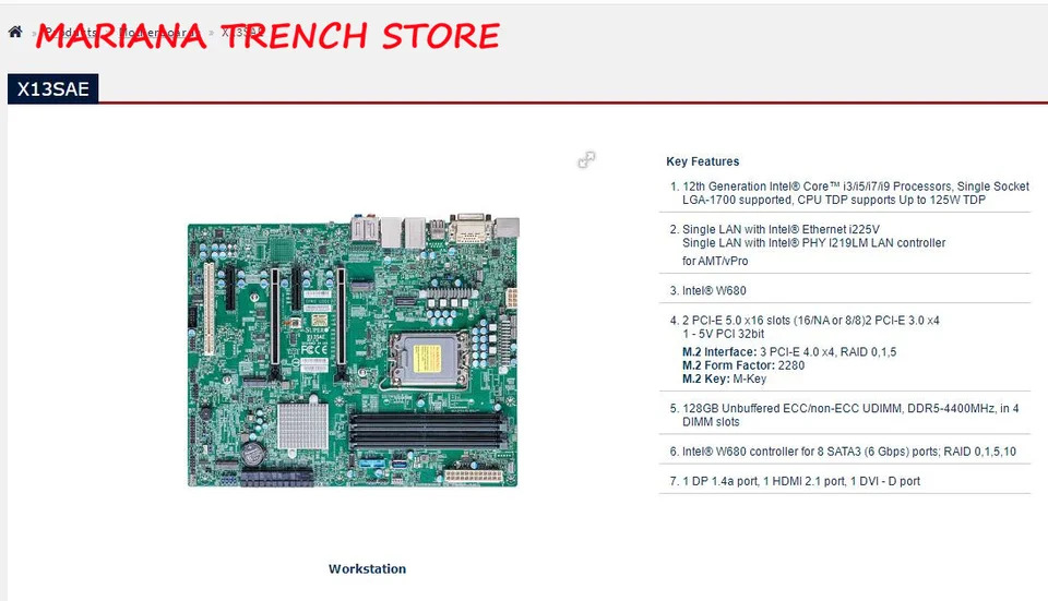 슈퍼마이크로 마더보드x13sae 단일 소켓 LGA-1700 12 세대 코어 i9 i7 i5 i3
