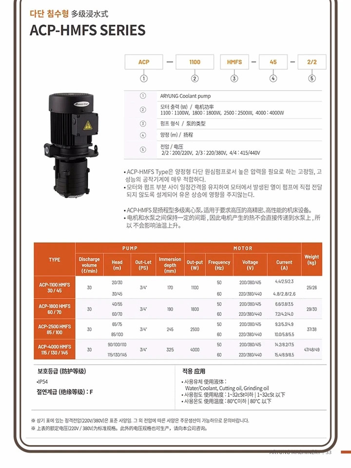 Yalong 기계 공구 냉각 펌프 ACP-180F 400F 1800HMFS70 1100MF 400HF18 250F-L