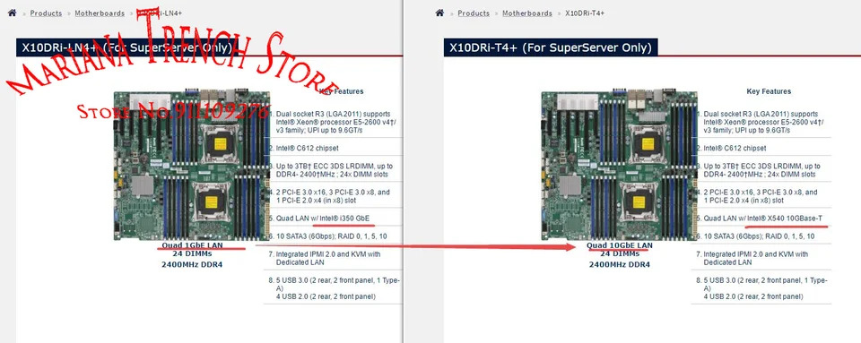 Supermicro 마더보드X10DRi-LN4 LGA2011 E5-2600 v4 v3 군 DDR4 쿼드 LAN 포함I350 GbE