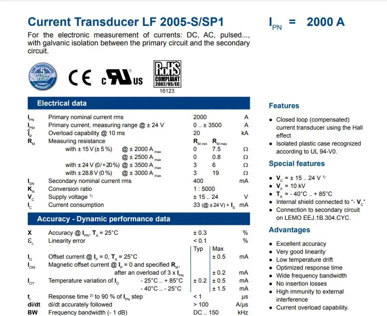 LEM LF2005-S/SP34 전류 변압기 3000A 고정밀 0.3% 모터 드라이브에너지