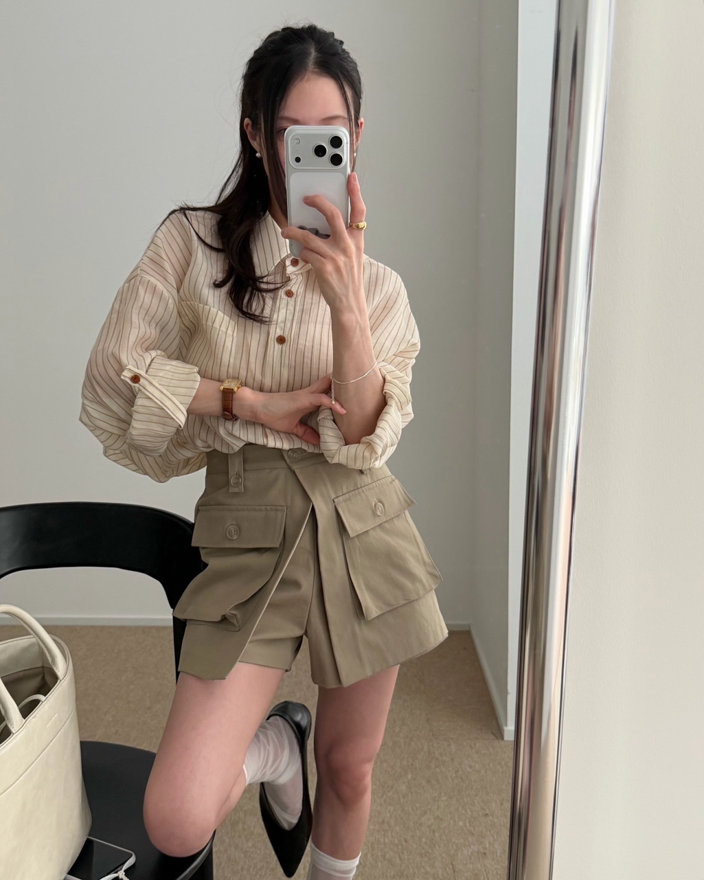 아밀 여성 여름 오버핏 루즈핏 롤업 스트라이프 블라우스 이미지 3