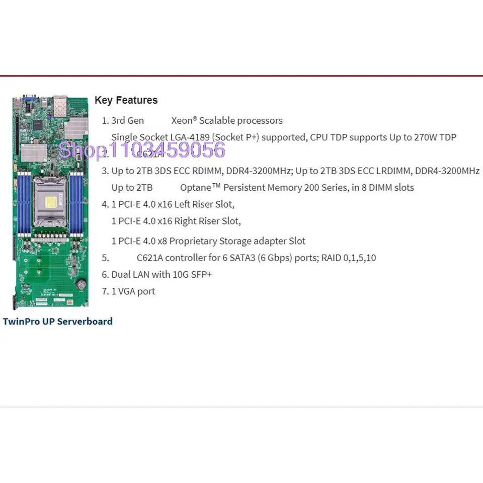LGA-4189 슈퍼마이크로 서버 마더보드 X12SPT-PT 2TB 3DS DDR4-3200MHz C621A 6XSATA 3