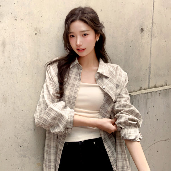 아뜨랑스 레이스 루즈핏 체크 셔츠 bs8739
