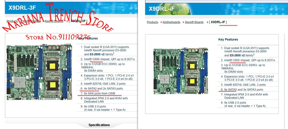 슈퍼마이크로 마더보드X9DRL-iF LGA2011 제온 E5-2600 V1 V2 패밀리 ECC DDR3 8x SATA2 2x SATA3 포트