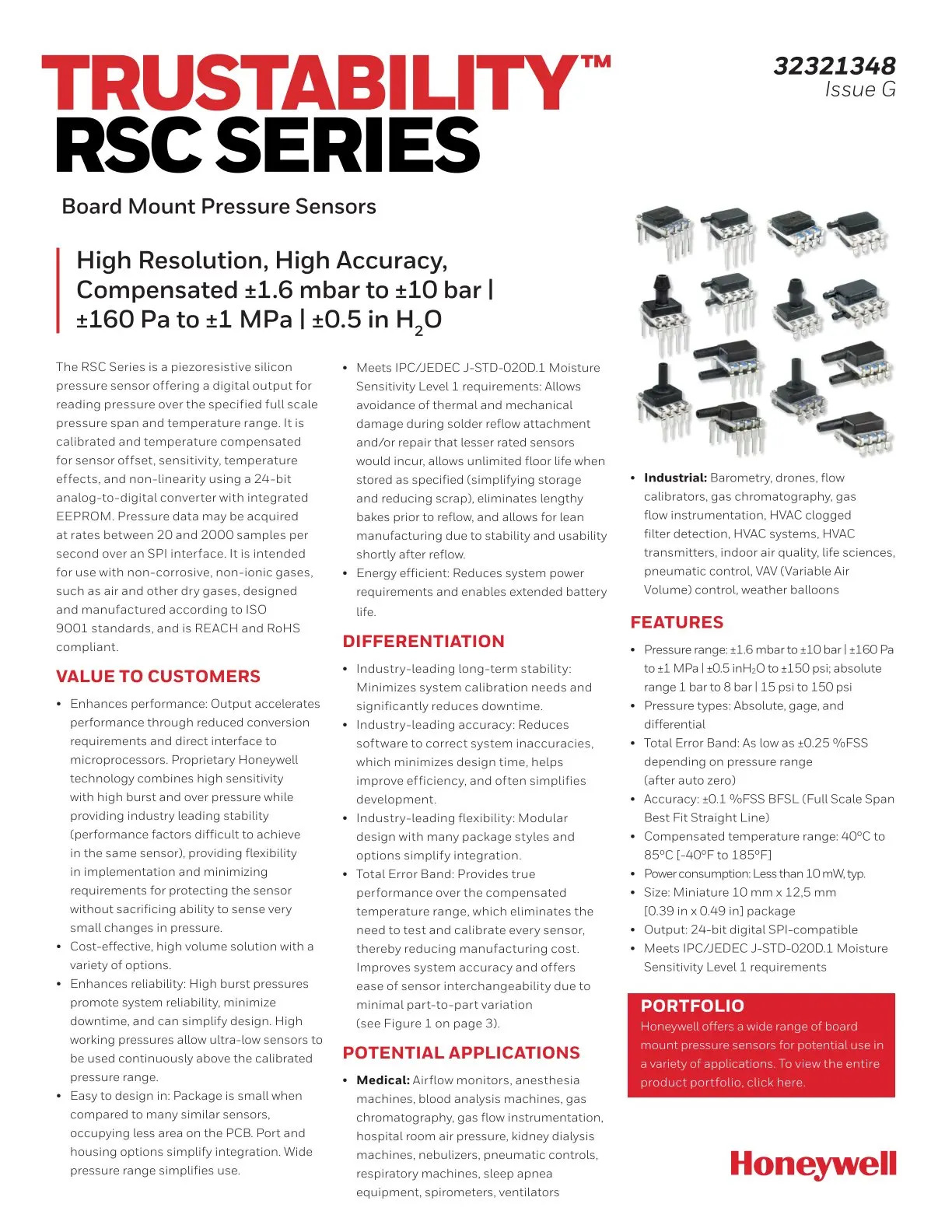 RSCMJJI005NDSE3 하니웰 공에이전트 압력센서 RSC 시리즈