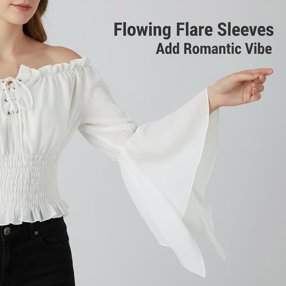 여성 해적 중세 블라우스 오프숄더 롱 벨 슬리브 르네상스 탑 빈티지 레이스 업 농민 셔츠 White Medium - 상세 이미지 3