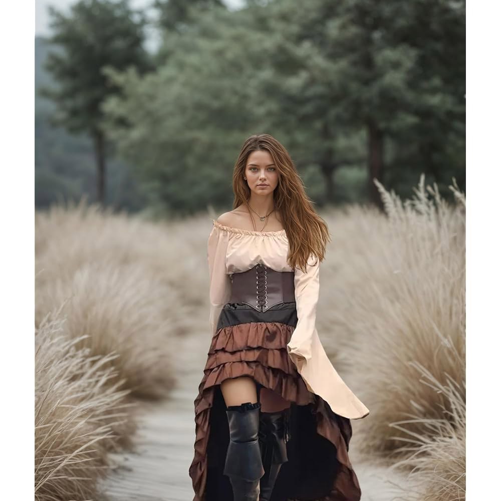 골드스티치 여성 해적 의상 중세 르네상스 셔츠 스커트 코르셋 벨트 할로윈 Brown Large - 상세 이미지 2