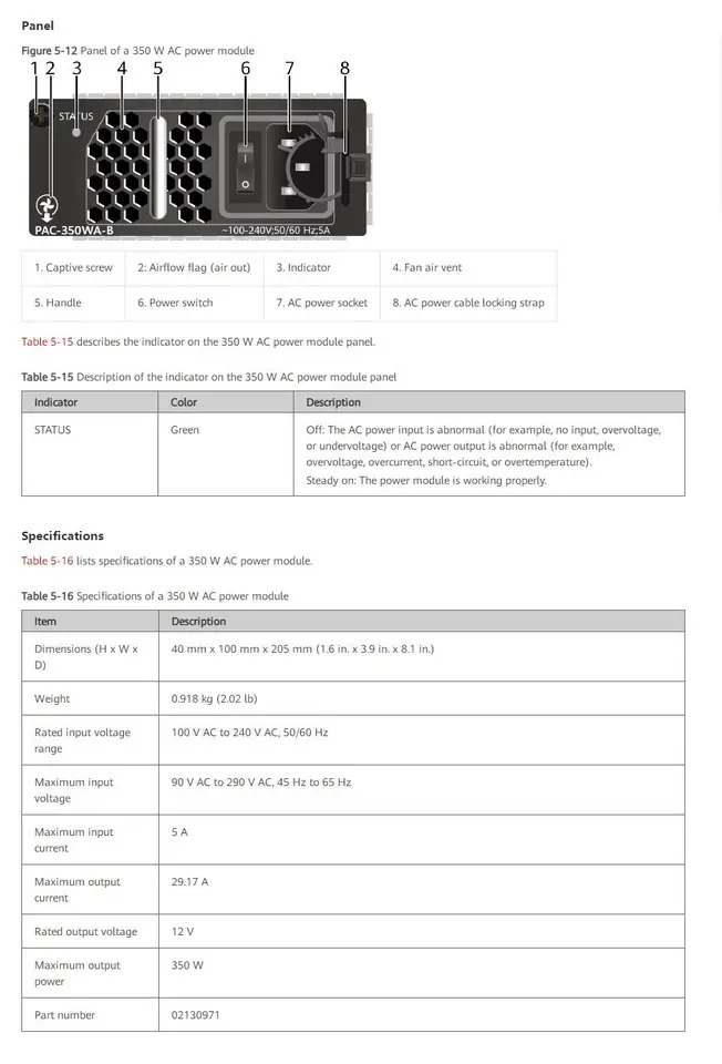 PAC-350WA-B AC 전원공급장치 모듈 화웨이호환 S5700 시리즈 스위치350W