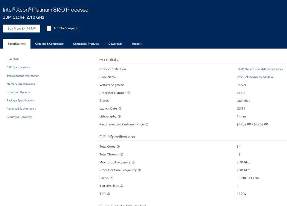 Xeon 확장 프로세서플래티넘 8160 프로세서 24 코어 48 스레드 기본 주파수 2.10 GHz 터보 3.70
