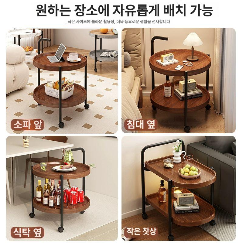 원형 원목트롤리 라운드 웨건 월넛색 커피테이블 고급 선반 거실 주방카트 인테리어 - 상세 이미지 4