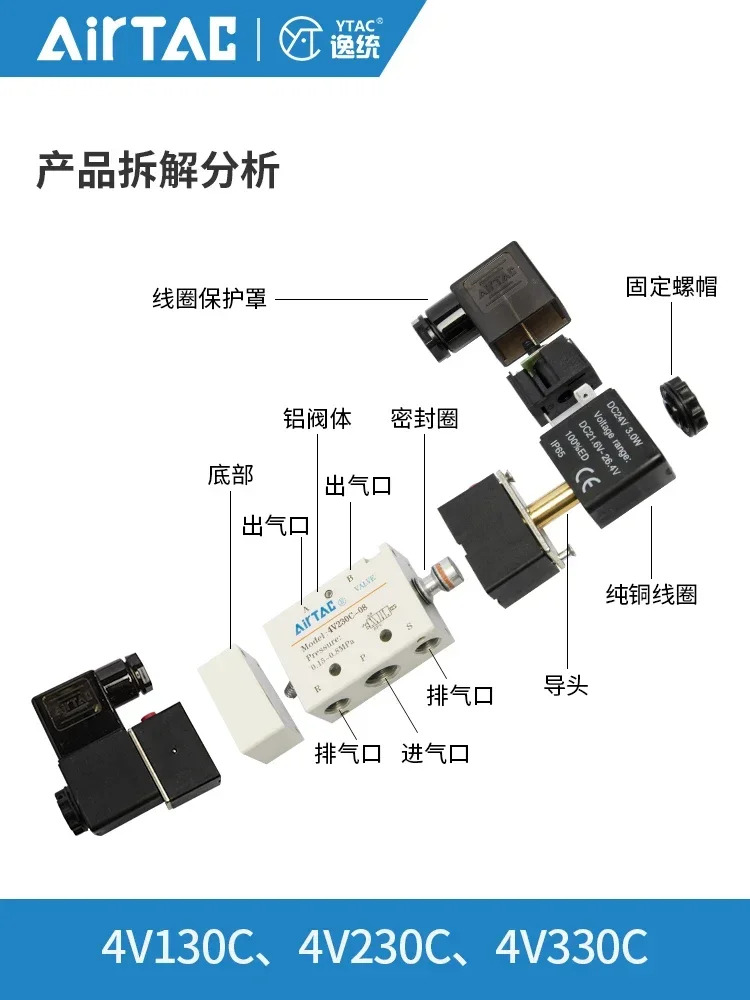 양방향 3위치 5방향 밀폐형 솔레노이드 밸브 4V130C/230C/330C/430C06-08-10-15