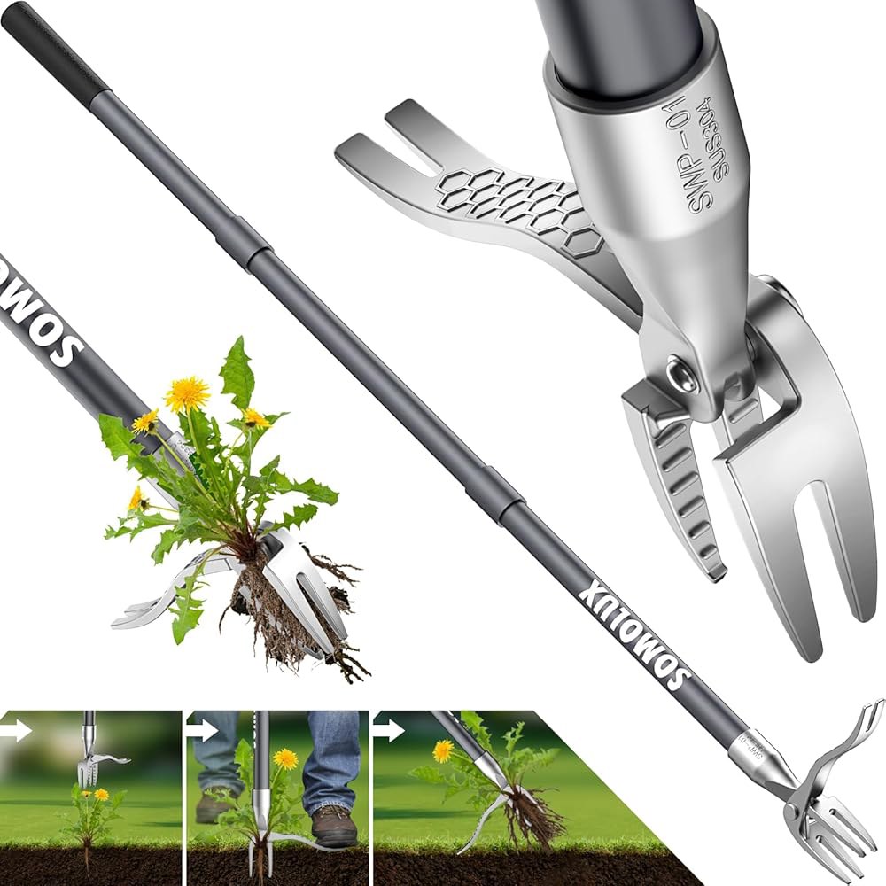 SOMOLUX 132.1cm(52인치) 잡초 풀러 스탠드업 제초기 손잡이 잔디/마당 꿇지 튼튼한 정원용 긴 도구 도구, 무릎을 발톱, 스테인리스 구부리거나 제거 원예용 금속 스틸 - 상품 이미지