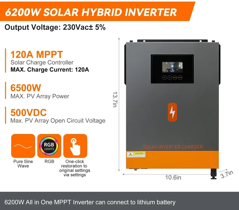 PowMr 그리드 하이브리드 태양광 인버터 순수 사인파 PV 입력 500vdc MPPT 120A 충전기 6.2KW 4.2KW 3.6KW 24V 48V 230V