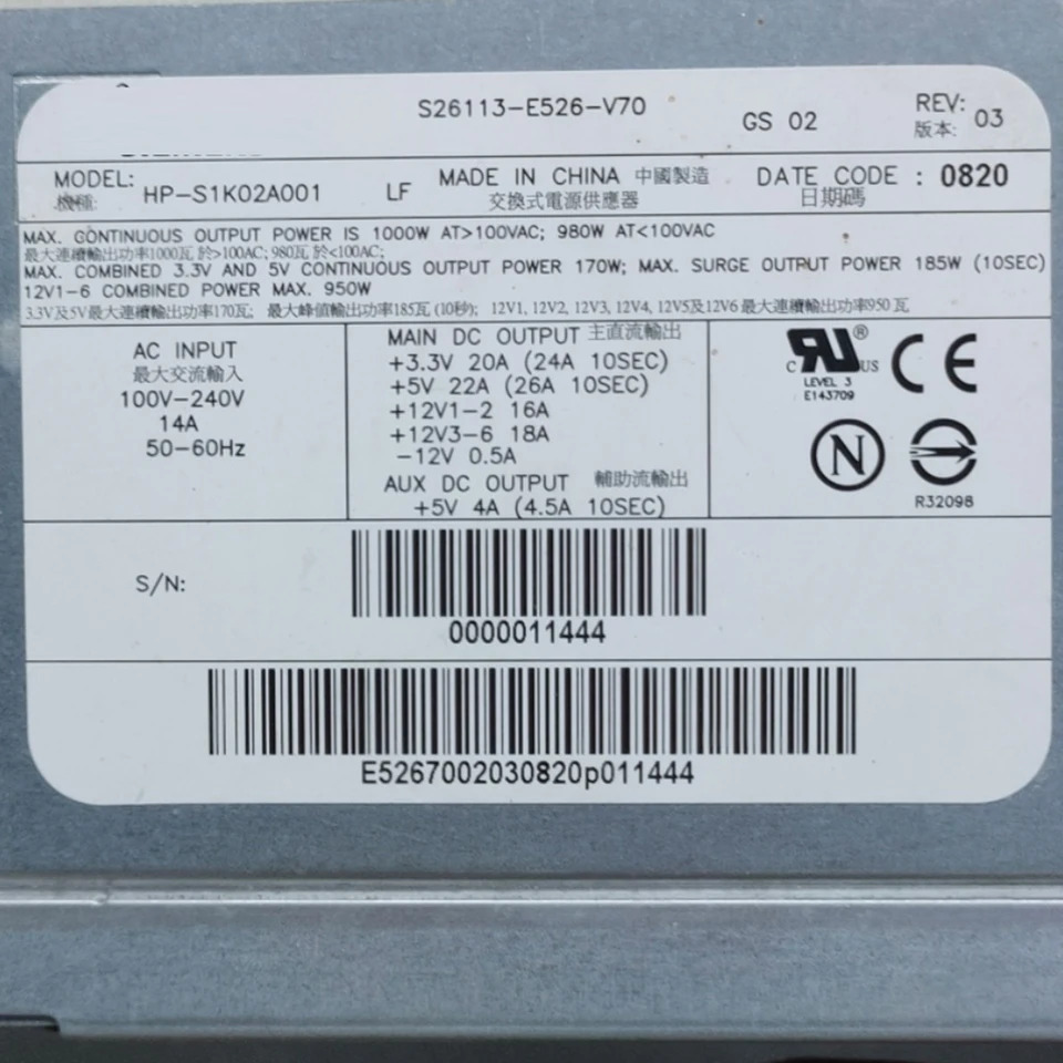 Fujitsu R650 전원공급장치 S26113-E526-V70 hp호환-S1K02A001 2778-B14 1000W