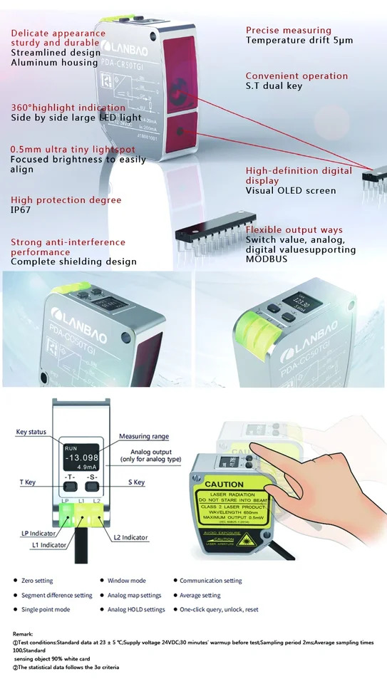 Lanbao 표준 레이저 변위센서 85mm 센서 30vdc