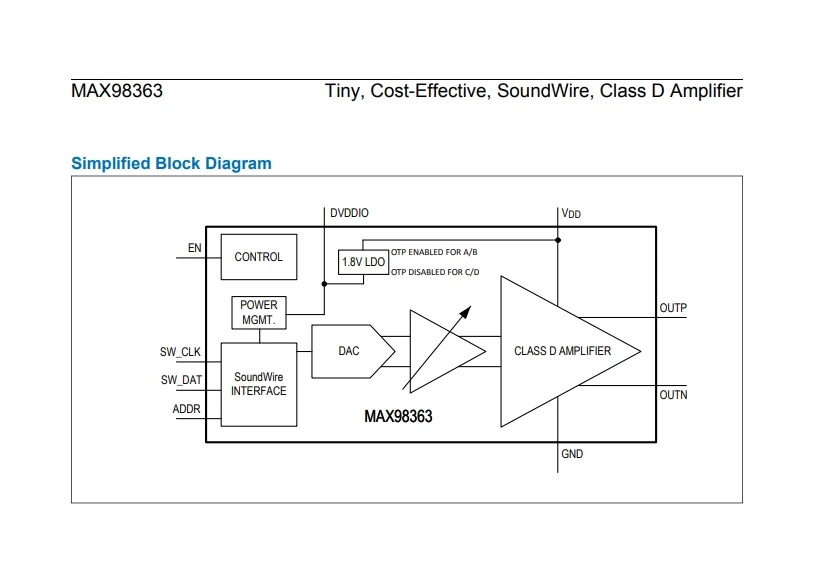 단일 전원 Soundwire 오디오 IC 개발 도구평가 키트 MAX98363DDEV